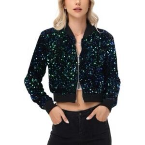 Anna-Kaci Women's Sequin Zip-Up Bomber Jacket with Ribbed Trim